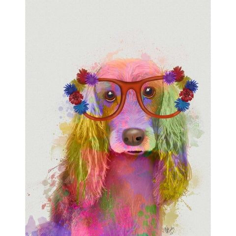 Rainbow Splash Cocker Spaniel, Portrait White Modern Wood Framed Art Print by Fab Funky