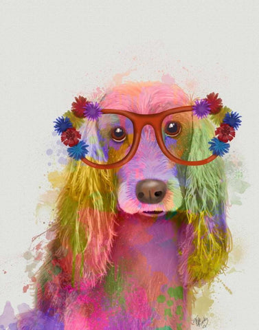 Rainbow Splash Cocker Spaniel, Portrait White Modern Wood Framed Art Print with Double Matting by Fab Funky