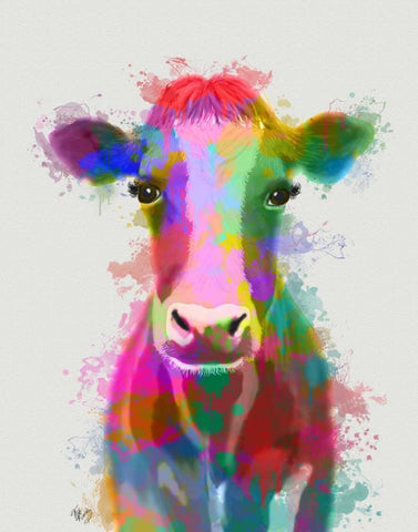 Rainbow Splash Cow Black Ornate Wood Framed Art Print with Double Matting by Fab Funky