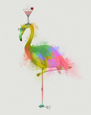 Rainbow Splash Flamingo 2 Black Ornate Wood Framed Art Print with Double Matting by Fab Funky