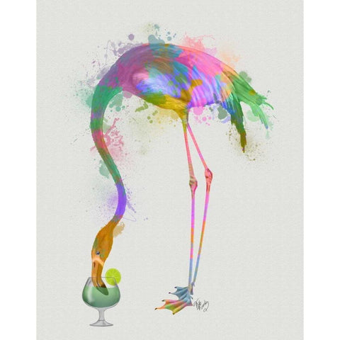 Rainbow Splash Flamingo 3 White Modern Wood Framed Art Print by Fab Funky