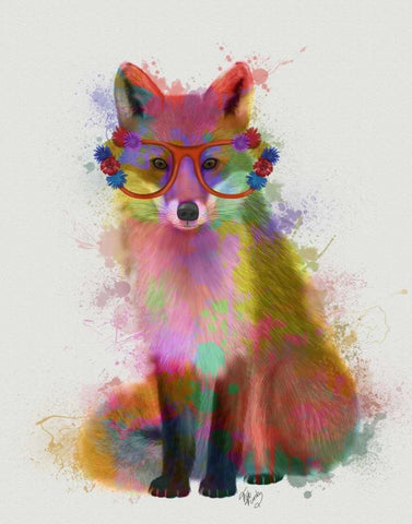 Rainbow Splash Fox 2 White Modern Wood Framed Art Print with Double Matting by Fab Funky