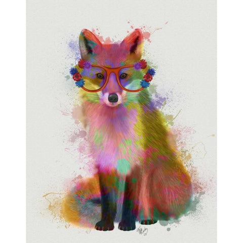 Rainbow Splash Fox 2 White Modern Wood Framed Art Print by Fab Funky