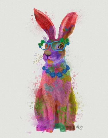 Rainbow Splash Rabbit 2, Full Black Ornate Wood Framed Art Print with Double Matting by Fab Funky