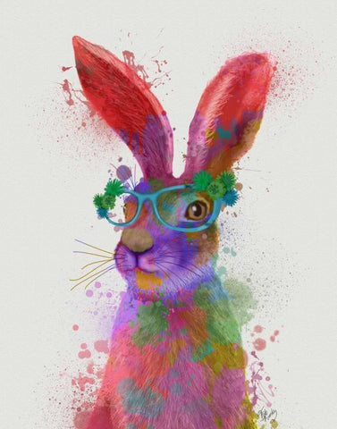 Rainbow Splash Rabbit 2, Portrait White Modern Wood Framed Art Print with Double Matting by Fab Funky