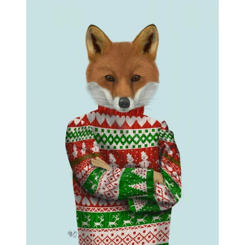 Fox in Christmas Sweater Gold Ornate Wood Framed Art Print with Double Matting by Fab Funky