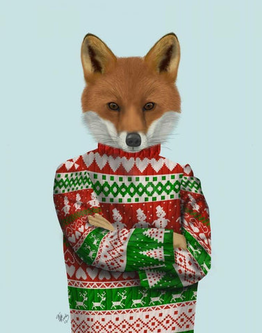 Fox in Christmas Sweater Black Ornate Wood Framed Art Print with Double Matting by Fab Funky