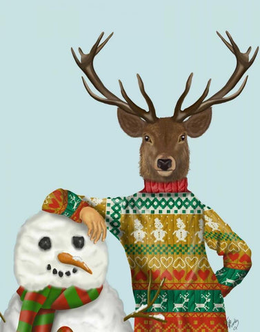 Deer in Christmas Sweater with Snowman White Modern Wood Framed Art Print with Double Matting by Fab Funky