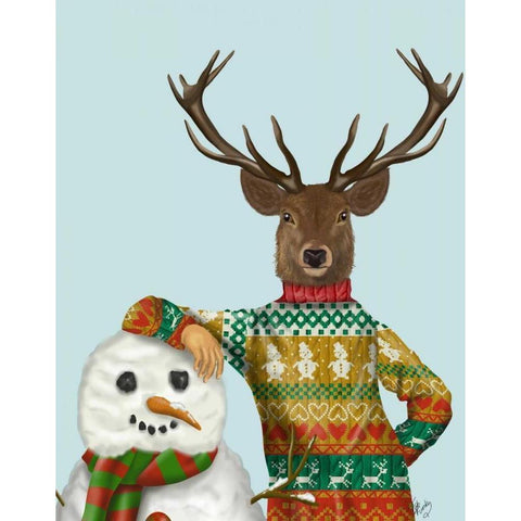 Deer in Christmas Sweater with Snowman White Modern Wood Framed Art Print by Fab Funky