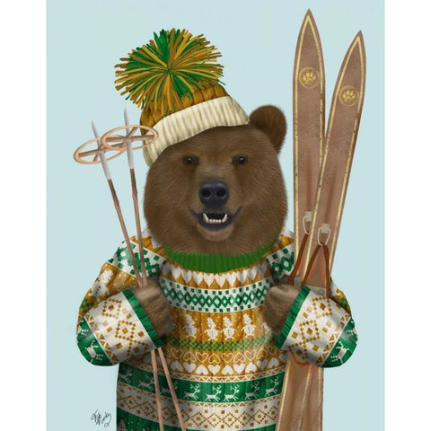 Bear in Christmas Sweater Gold Ornate Wood Framed Art Print with Double Matting by Fab Funky