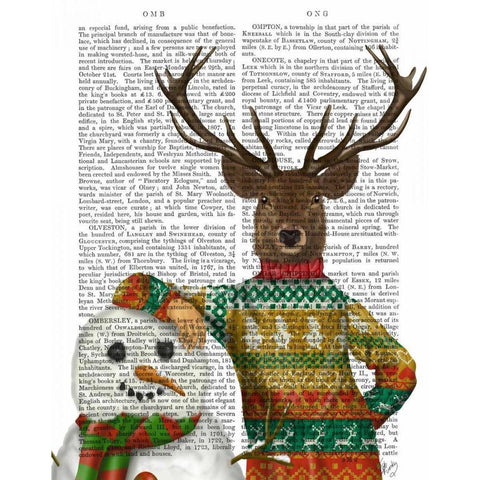 Deer in Christmas Sweater with Snowman Gold Ornate Wood Framed Art Print with Double Matting by Fab Funky