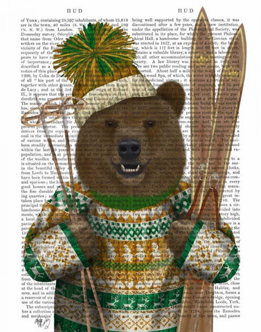 Bear in Christmas Sweater Black Ornate Wood Framed Art Print with Double Matting by Fab Funky