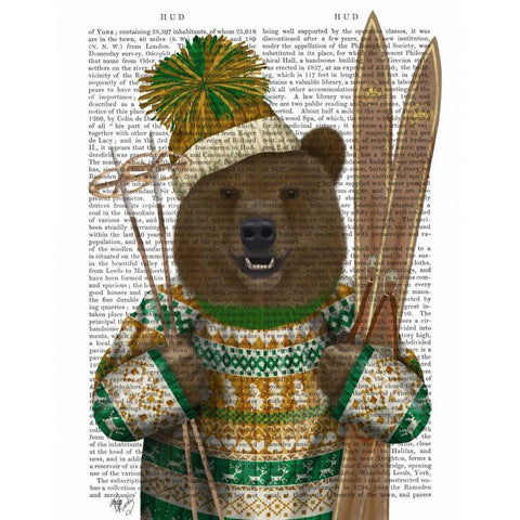 Bear in Christmas Sweater Black Modern Wood Framed Art Print with Double Matting by Fab Funky