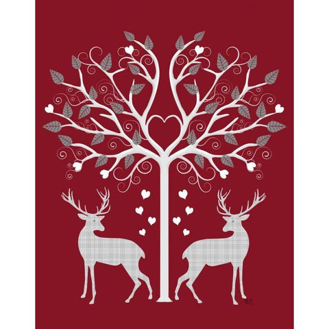 Christmas Des - Deer and Heart Tree, Grey on Red White Modern Wood Framed Art Print by Fab Funky