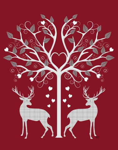 Christmas Des - Deer and Heart Tree, Grey on Red White Modern Wood Framed Art Print with Double Matting by Fab Funky