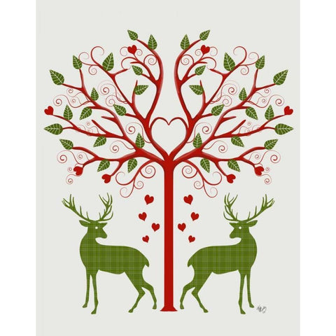 Christmas Des - Deer and Heart Tree, On Cream Black Modern Wood Framed Art Print with Double Matting by Fab Funky