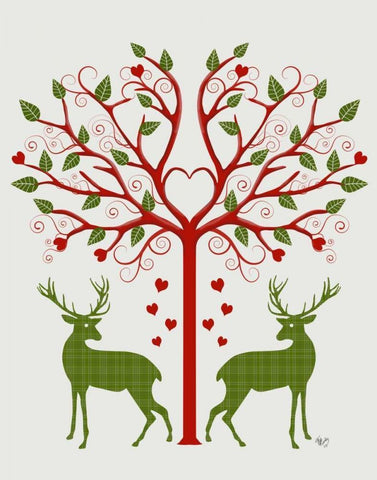 Christmas Des - Deer and Heart Tree, On Cream White Modern Wood Framed Art Print with Double Matting by Fab Funky