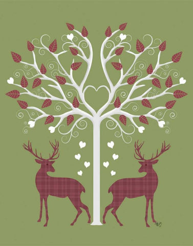 Christmas Des - Deer and Heart Tree, Pink On Green White Modern Wood Framed Art Print with Double Matting by Fab Funky