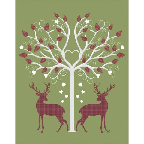 Christmas Des - Deer and Heart Tree, Pink On Green Black Modern Wood Framed Art Print with Double Matting by Fab Funky