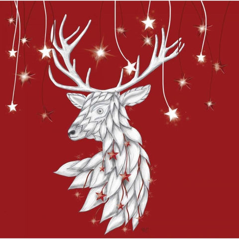 White Deer and Hanging Stars Black Modern Wood Framed Art Print with Double Matting by Fab Funky