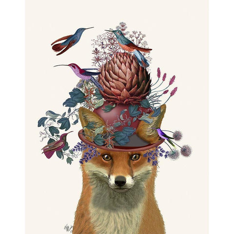 Fox Birdkeeper with Artichoke White Modern Wood Framed Art Print by Fab Funky