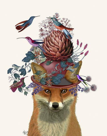 Fox Birdkeeper with Artichoke White Modern Wood Framed Art Print with Double Matting by Fab Funky