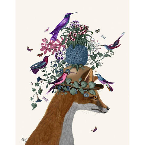 Fox Birdkeeper with Pineapple Black Modern Wood Framed Art Print with Double Matting by Fab Funky