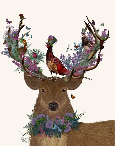 Deer Birdkeeper, Scottish Black Ornate Wood Framed Art Print with Double Matting by Fab Funky