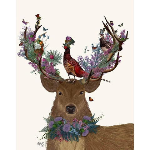 Deer Birdkeeper, Scottish White Modern Wood Framed Art Print by Fab Funky