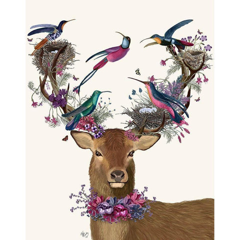 Deer Birdkeeper, Tropical Bird Nests Black Modern Wood Framed Art Print with Double Matting by Fab Funky