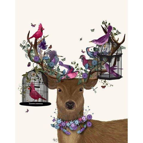 Deer Birdkeeper, Tropical Bird Cages Black Modern Wood Framed Art Print with Double Matting by Fab Funky