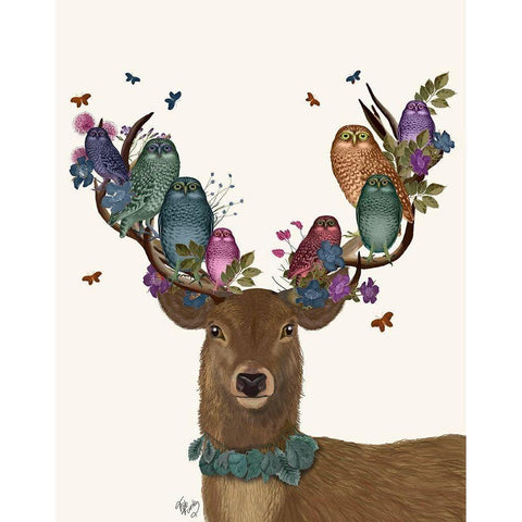 Deer Birdkeeper, Owls White Modern Wood Framed Art Print by Fab Funky