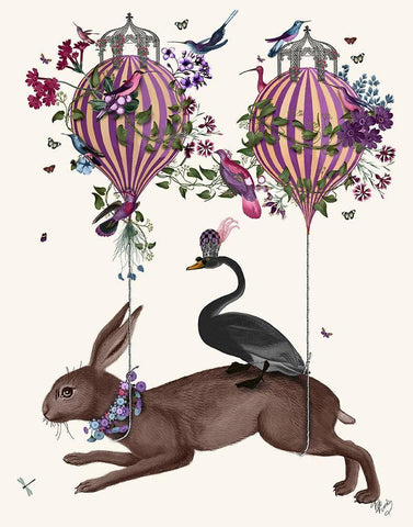 Hare Birdkeeper, Hot Air Balloon White Modern Wood Framed Art Print with Double Matting by Fab Funky