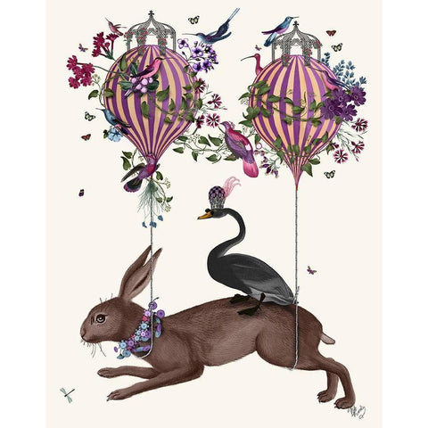 Hare Birdkeeper, Hot Air Balloon White Modern Wood Framed Art Print by Fab Funky