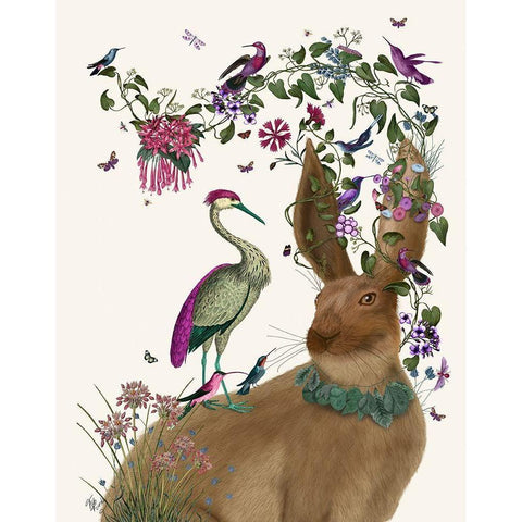 Hare Birdkeeper and Heron Gold Ornate Wood Framed Art Print with Double Matting by Fab Funky