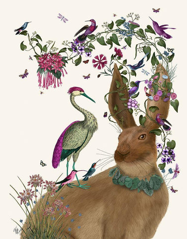 Hare Birdkeeper and Heron White Modern Wood Framed Art Print with Double Matting by Fab Funky