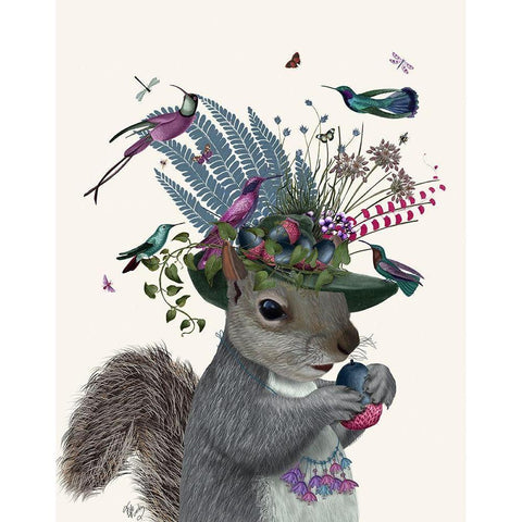 Squirrel Birdkeeper and Blue Acorns Black Modern Wood Framed Art Print with Double Matting by Fab Funky