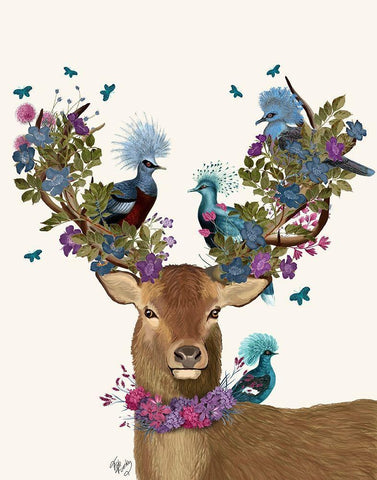 Deer Birdkeeper, Blue Pigeons Black Ornate Wood Framed Art Print with Double Matting by Fab Funky