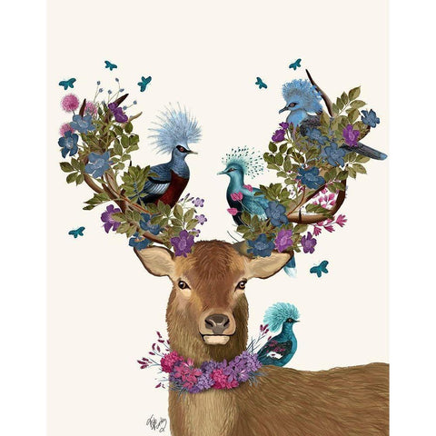 Deer Birdkeeper, Blue Pigeons Black Modern Wood Framed Art Print with Double Matting by Fab Funky