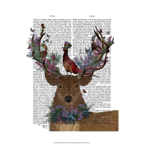 Deer Birdkeeper, Scotish White Modern Wood Framed Art Print by Fab Funky