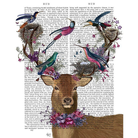 Deer Birdkeeper, Tropical Bird Nests Black Modern Wood Framed Art Print with Double Matting by Fab Funky