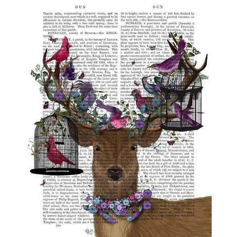 Deer Birdkeeper, Tropical Bird Cages Black Modern Wood Framed Art Print with Double Matting by Fab Funky