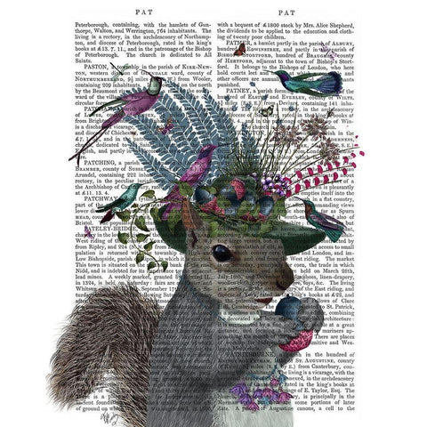 Squirrel Birdkeeper and Blue Acorns Black Modern Wood Framed Art Print with Double Matting by Fab Funky