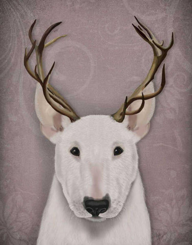 Bull Terrier and Antlers Black Ornate Wood Framed Art Print with Double Matting by Fab Funky