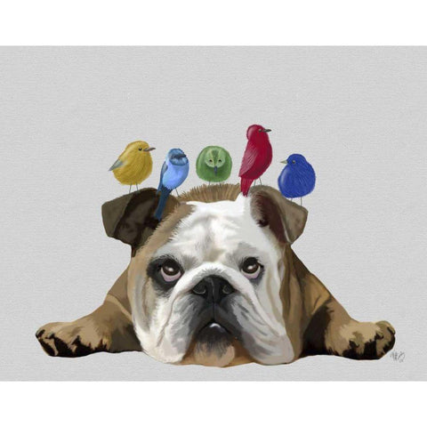 English Bulldog and Birds Black Modern Wood Framed Art Print with Double Matting by Fab Funky