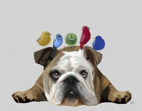 English Bulldog and Birds White Modern Wood Framed Art Print with Double Matting by Fab Funky