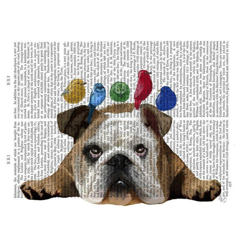 English Bulldog and Birds White Modern Wood Framed Art Print by Fab Funky