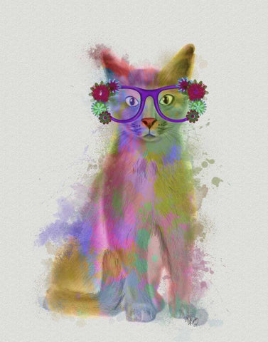 Cat Rainbow Splash 5 Black Ornate Wood Framed Art Print with Double Matting by Fab Funky