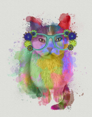 Cat Rainbow Splash 6 Black Ornate Wood Framed Art Print with Double Matting by Fab Funky