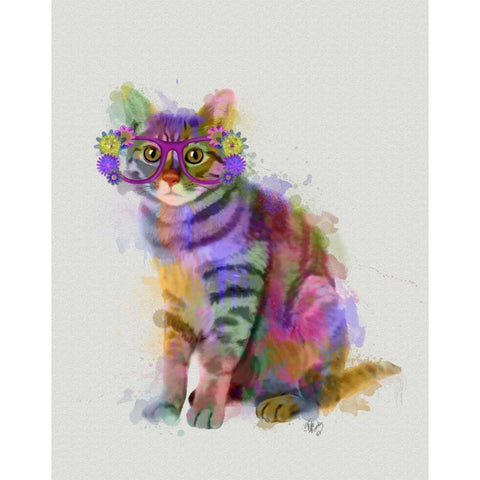 Cat Rainbow Splash 7 Black Modern Wood Framed Art Print with Double Matting by Fab Funky